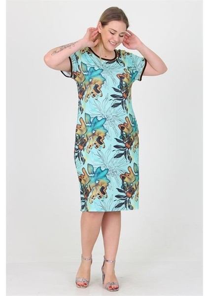 Dipmoda Kadın Mavi Desenli Büyük Beden Yazlık Viskon Elbise AYSL36