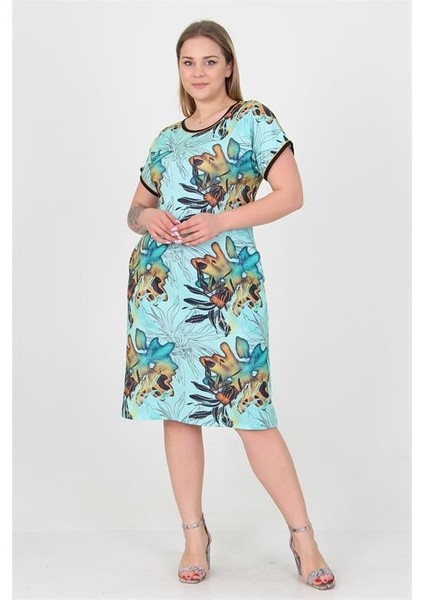 Dipmoda Kadın Mavi Desenli Büyük Beden Yazlık Viskon Elbise AYSL36 fiyatları