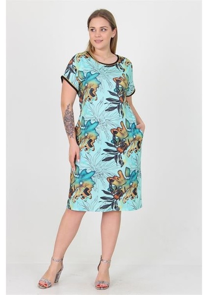 Dipmoda Kadın Mavi Desenli Büyük Beden Yazlık Viskon Elbise AYSL36 fırsatları