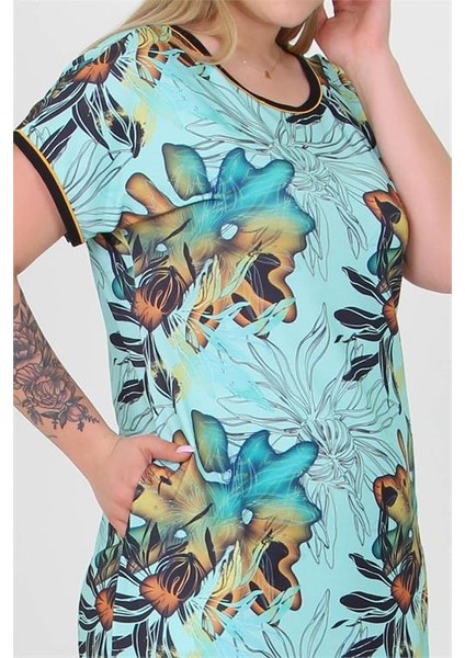 Dipmoda Kadın Mavi Desenli Büyük Beden Yazlık Viskon Elbise AYSL36 indirimleri