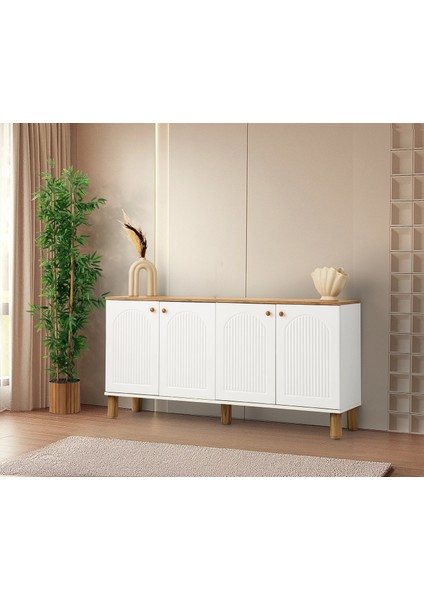 Bohem Yemek Odası Konsol 4 Kapaklı Beyaz-Meşe 160 cm -KURULU Gönderilir