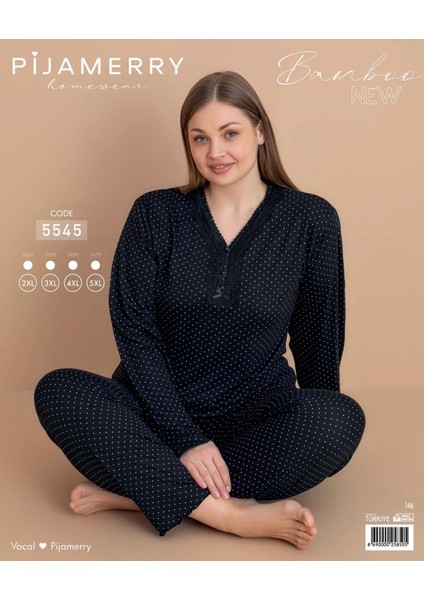 Kadın Büyük Beden Dantel Yaka Bambu Uzun Kol Ince Pijama Takımı 5545 - 1 Adet modelleri