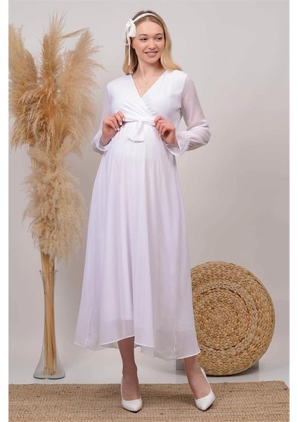 Dipmoda Kadın Beyaz Kruvaze Yaka Baby Shower Şifon Hamile Elbise HML003