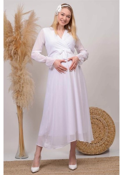 Dipmoda Kadın Beyaz Kruvaze Yaka Baby Shower Şifon Hamile Elbise HML003 fiyatları