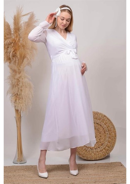Dipmoda Kadın Beyaz Kruvaze Yaka Baby Shower Şifon Hamile Elbise HML003 modelleri