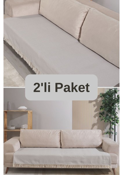 Açık Gri Pamuklu 2'li Koltuk Örtüsü 115X200 Önden Saçaklı Çizgili Desenli