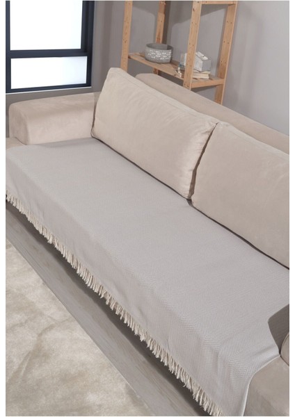 Açık Gri Pamuklu 2'li Koltuk Örtüsü 115X200 Önden Saçaklı Çizgili Desenli modelleri