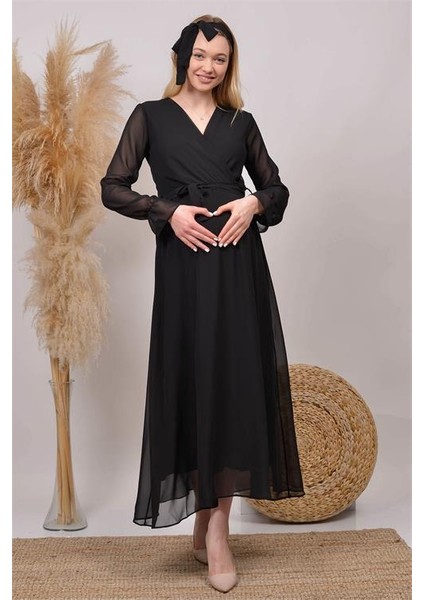 Dipmoda Kadın Siyah Kruvaze Yaka Baby Shower Şifon Hamile Elbise HML003