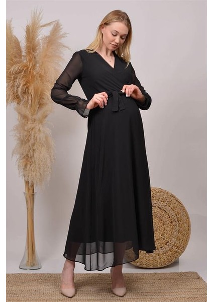 Dipmoda Kadın Siyah Kruvaze Yaka Baby Shower Şifon Hamile Elbise HML003 fiyatları
