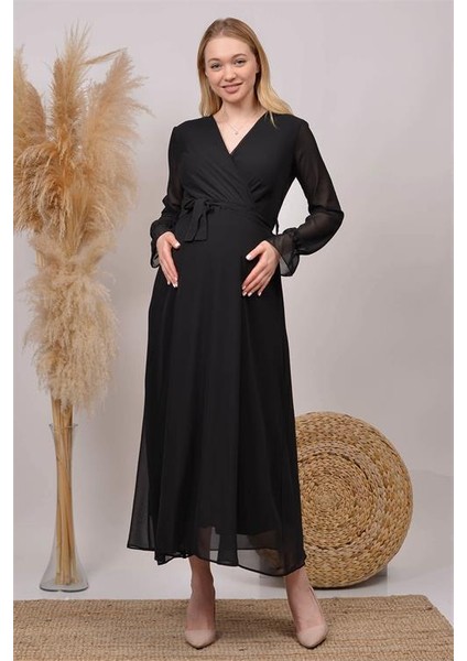 Dipmoda Kadın Siyah Kruvaze Yaka Baby Shower Şifon Hamile Elbise HML003 modelleri