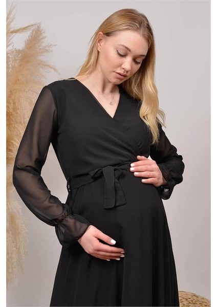 Dipmoda Kadın Siyah Kruvaze Yaka Baby Shower Şifon Hamile Elbise HML003 fırsatları