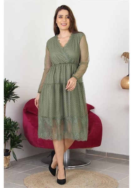 Dipmoda Kadın Kruvaze Yaka Eteği Güpür Detaylı Yeni Sezon Elbise APCX10 modelleri