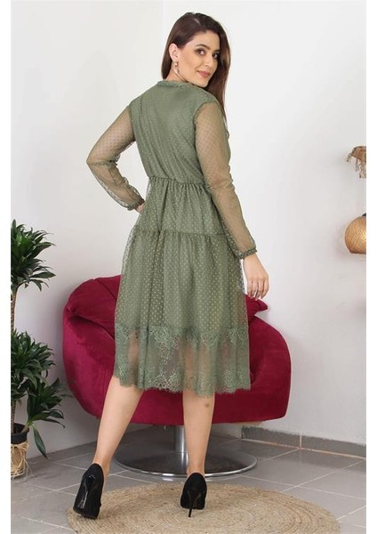 Dipmoda Kadın Kruvaze Yaka Eteği Güpür Detaylı Yeni Sezon Elbise APCX10 indirimleri