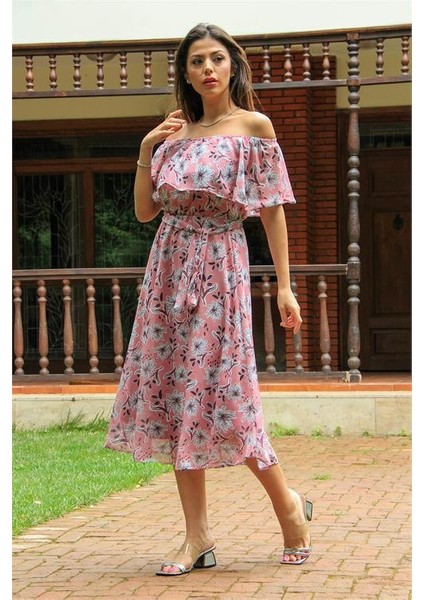 Dipmoda Kadın Pudra Madonna Kuşaklı Yeni Sezon Desenli Şifon Elbise DP10037