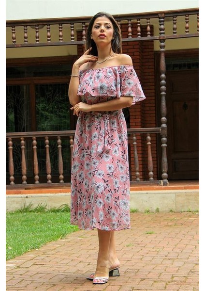 Dipmoda Kadın Pudra Madonna Kuşaklı Yeni Sezon Desenli Şifon Elbise DP10037 modelleri