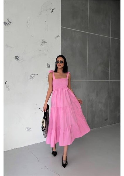 Dipmoda Kadın Pembe Gipeli Askılı Poplin Elbise DPG012