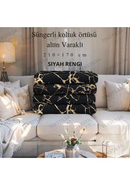 Koltuk Çekyat Örtüsü Yeni Moda Altın Varaklı Dekoratif Siyah Zemin Süngerli Koltuk Örtüsü