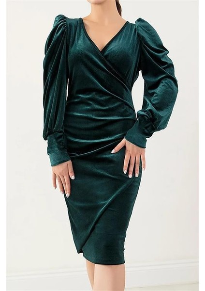 Dipmoda Kadın Kruvaze Yaka Büzgülü Kadife Elbise KKLF68 - Zümrüt
