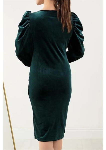 Dipmoda Kadın Kruvaze Yaka Büzgülü Kadife Elbise KKLF68 - Zümrüt fırsatları
