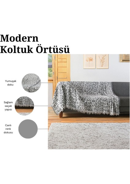 %100 Pamuklu Leopar Gri Lüks Kaymaz Koltuk Örtüsü | Koltuk Şalı | Çok Amaçlı Örtü modelleri