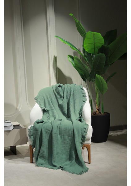 Haki Yeşili Müslin Koltuk Şalı / Tv Battaniyesi (100 x 200 Cm)