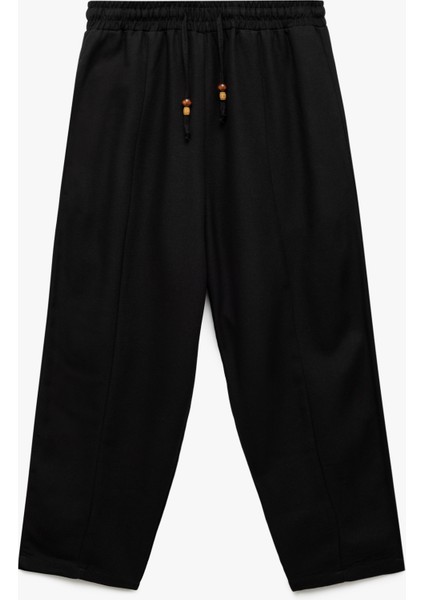 Astarlı Rahat Kalıp Beli Bağcıklı Balon Fit Keten Pantolon