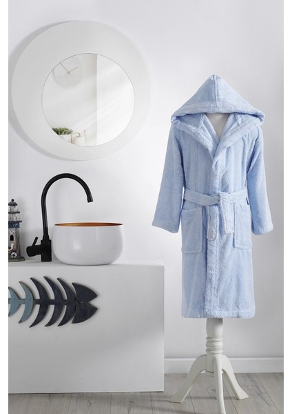 Ashley Kapüşonlu Bambu Çocuk Bornozu 5/6 Yaş-Mavi