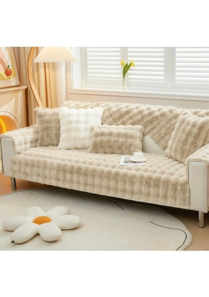 Tavşan Peluş Bubble Desen Üç Kişilik Kanepe Örtüsü ( 1ADET ) Ölçüm 80 x 200 cm Krem