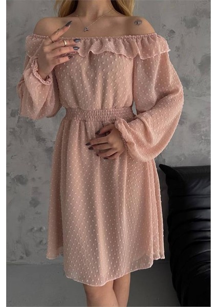 Dipmoda Kadın Camel Madonna Yaka Mini Ponpon Şifon Elbise DPK2057