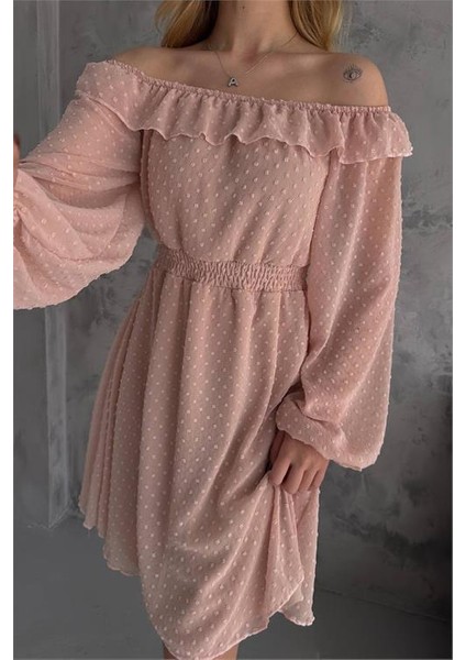 Dipmoda Kadın Camel Madonna Yaka Mini Ponpon Şifon Elbise DPK2057