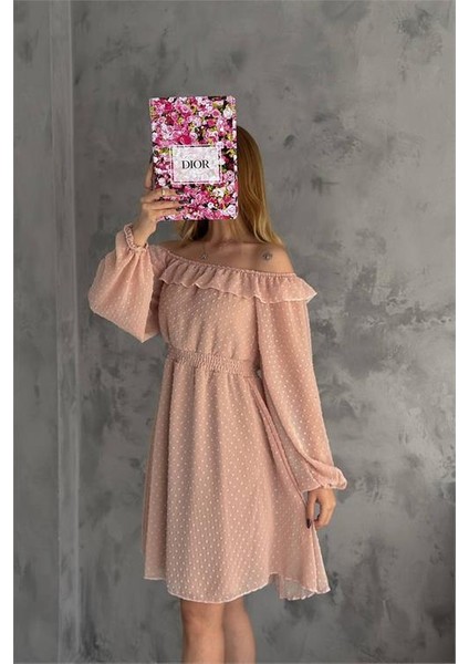 Dipmoda Kadın Camel Madonna Yaka Mini Ponpon Şifon Elbise DPK2057