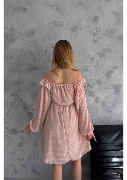 Dipmoda Kadın Camel Madonna Yaka Mini Ponpon Şifon Elbise DPK2057