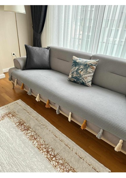 Püsküllü Koltuk Örtüsü Gri Renk 1 Adet (90X210) Yanlizca Oturma Alanına Ortudur
