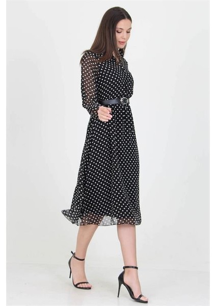 Dipmoda Kadın Kemer ve Düğme Detaylı Gömlek Yaka Puantiyeli Şifon Elbise RSSN01 fiyatları