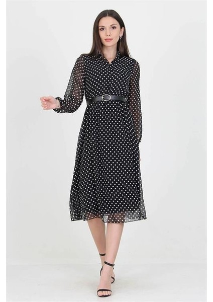 Dipmoda Kadın Kemer ve Düğme Detaylı Gömlek Yaka Puantiyeli Şifon Elbise RSSN01 fırsatları
