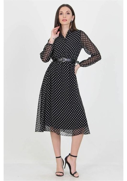 Dipmoda Kadın Kemer ve Düğme Detaylı Gömlek Yaka Puantiyeli Şifon Elbise RSSN01 indirimleri