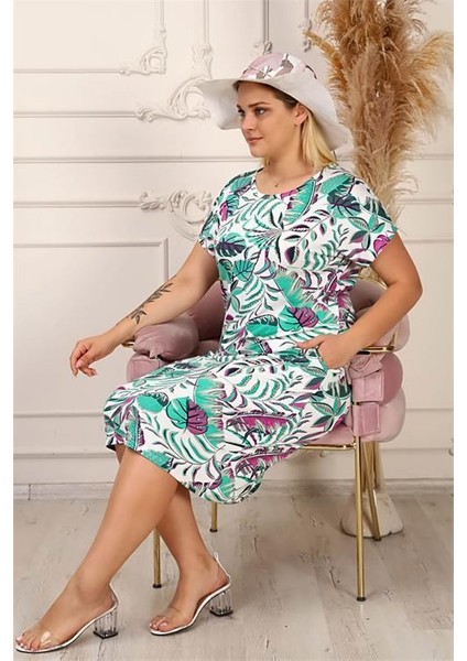 Dipmoda Kadın Bisiklet Yaka Büyük Beden Elbise AYSL43 - Mavi