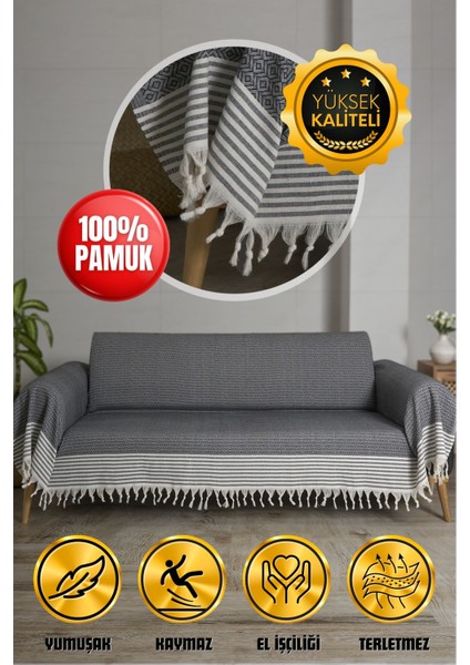 Kaliteli Pamuklu Saçaklı Koltuk Örtüsü - 180X300 cm - Sırt, Oturma ve Kol Kısımlarını Kaplar