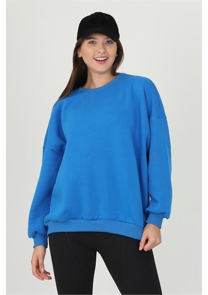 Dipmoda Kadın Mavi Oversize Bisiklet Yaka Şardonlu Sweatshirt FVR001