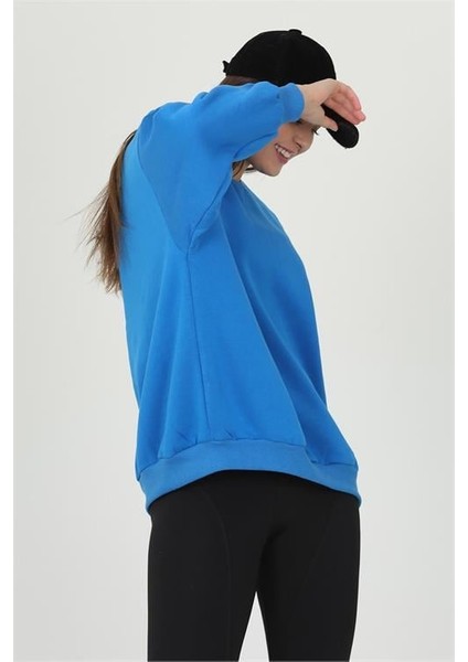 Dipmoda Kadın Mavi Oversize Bisiklet Yaka Şardonlu Sweatshirt FVR001 fırsatları