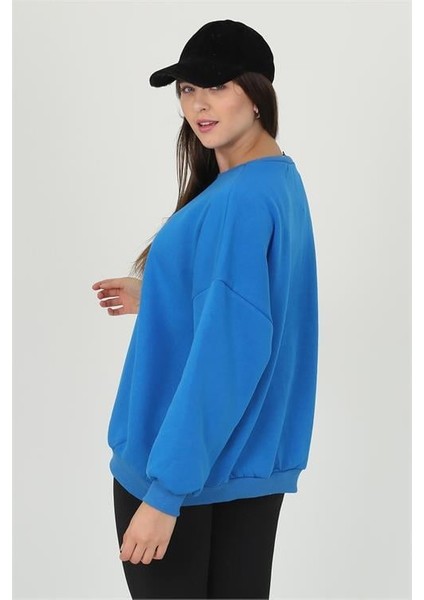 Dipmoda Kadın Mavi Oversize Bisiklet Yaka Şardonlu Sweatshirt FVR001 indirimleri