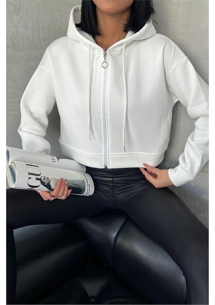 Dipmoda Kadın Kapüşonlu Kısa Sweatshirt GTS025 - Ekru