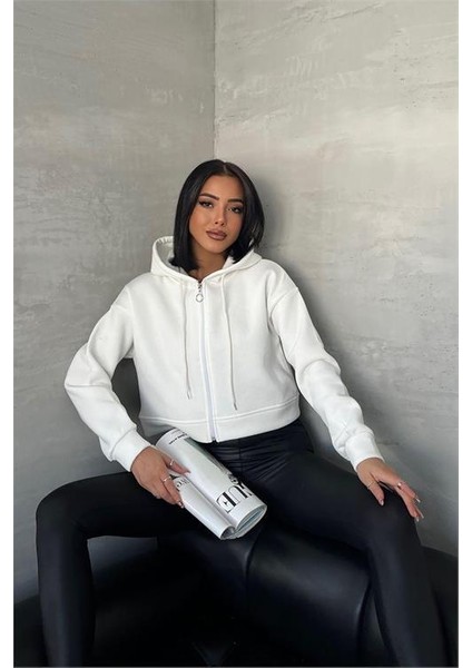 Dipmoda Kadın Kapüşonlu Kısa Sweatshirt GTS025 - Ekru