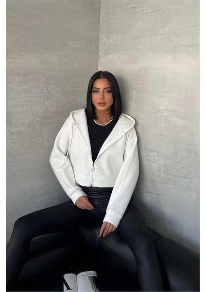 Dipmoda Kadın Kapüşonlu Kısa Sweatshirt GTS025 - Ekru
