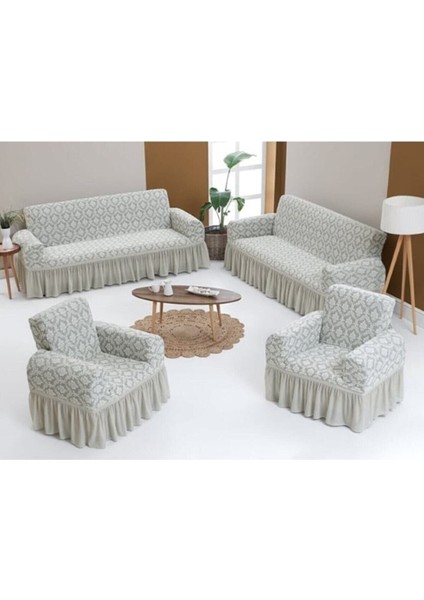 Jakarlı Koltuk Örtüsü Takımı 3+3+1+1 Krem