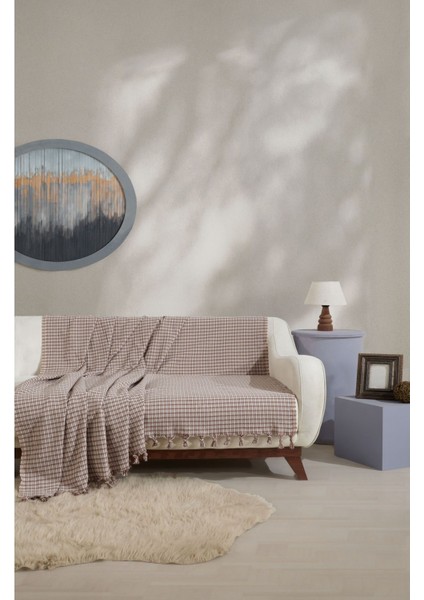 Luna Sütlü Kahve & Bej Ekoseli Koltuk Örtüsü 180 x 200 cm Kanepe Çekyat Ortusu Pamuklu