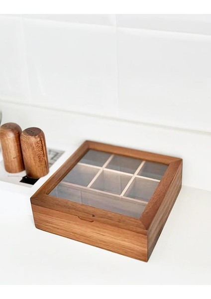 Akasya Ahşap Kapaklı 5 Bölmeli Çay Kutusu 20,5X20,5X6,5 cm Şeffaf Kapaklı Çay ve Kahve Düzenleyici Kutu