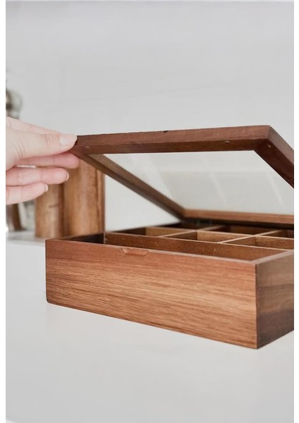 Akasya Ahşap Kapaklı 5 Bölmeli Çay Kutusu 20,5X20,5X6,5 cm Şeffaf Kapaklı Çay ve Kahve Düzenleyici Kutu fiyatları