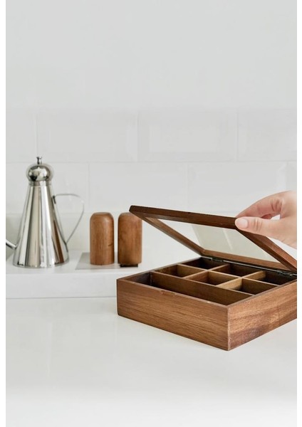 Akasya Ahşap Kapaklı 5 Bölmeli Çay Kutusu 20,5X20,5X6,5 cm Şeffaf Kapaklı Çay ve Kahve Düzenleyici Kutu modelleri