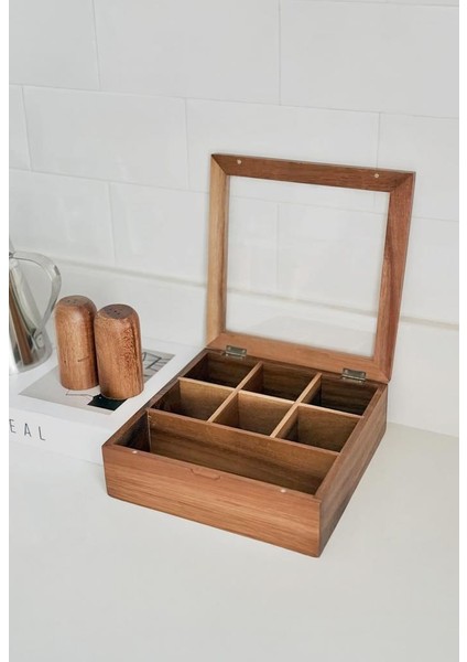 Akasya Ahşap Kapaklı 5 Bölmeli Çay Kutusu 20,5X20,5X6,5 cm Şeffaf Kapaklı Çay ve Kahve Düzenleyici Kutu fırsatları